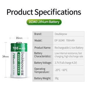Batteria al Litio Ricaricabile Doublepow ad Alta Capacità 3.7V 700mAh <span class=keywords><strong>CR123A</strong></span> 16340 - Product Image 4