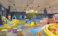 Aire de jeux intérieure commerciale pour enfants, thème Macaron Candy House, avec château gonflable, toboggan, piscine à balles et unité de jeu fusée, pour centre commercial