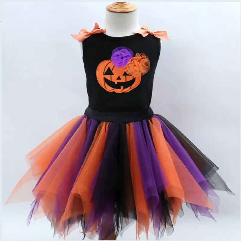 Kinder kleidung Mädchen Halloween Black Pumpkin Mesh Rock Halloween Kleider für Mädchen