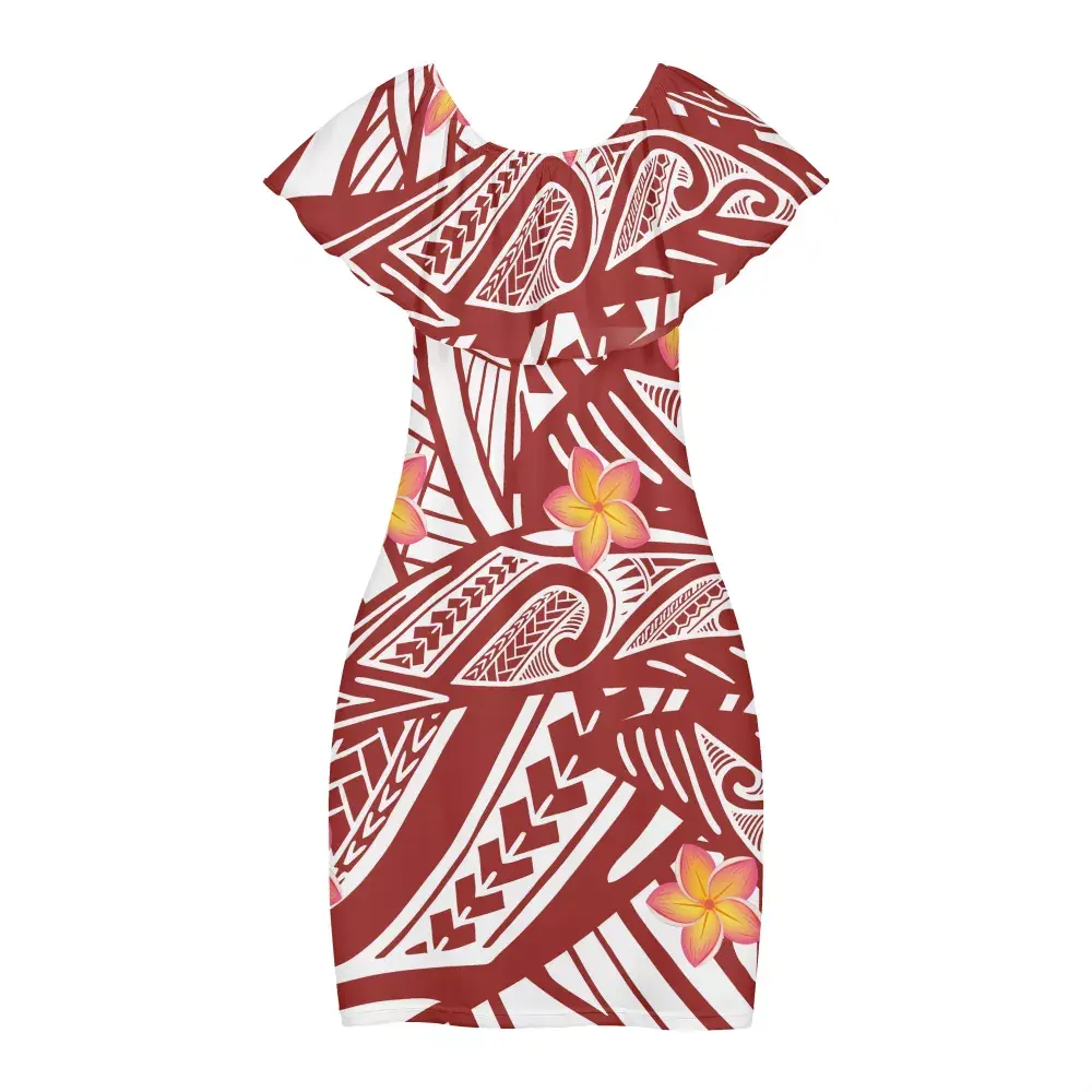 De alta calidad estilo Retro rojo-blanco de la mitad del hombro vestidos polinesio diseño Tribal Plumeria La imagen de un hombro vestidos