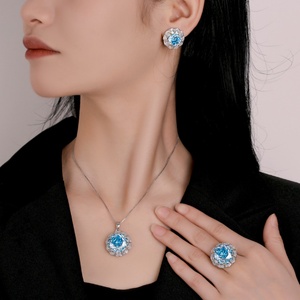 Factory Wholesale High Quality Eco-friendly Copper Rose Cut 16-10MM Sea Blue Cubic Zirconia Necklace <b>Set</b> for Women - Product Image 6