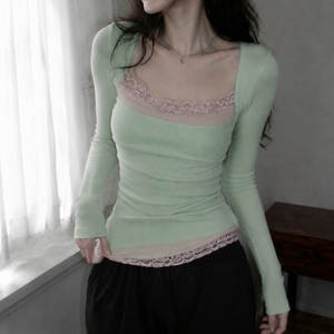 Pure Gentle Ruffle Color Block <b>Square</b> <b>Neck</b> Slimming Knit <b>Long</b> <b>Sleeve</b> Comfort Versatile New Hot Girl <b>Top</b> for Women - Product Image 1