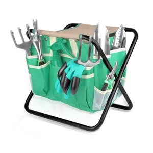 Kits d'outils de jardin verts dans un sac en tissu avec tabouret pliant 10 pièces ensemble d'outils de jardin à poignée en acier et en plastique pour femmes