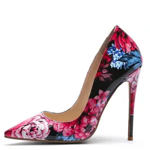 Patent Leather Flower Print Large Size 45 Women Stiletto Shoes High Thin Heel Pointed toe Pumps LadiesDress Shoes