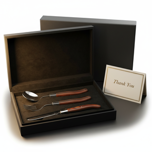 Nouveaux produits : Ensemble de couverts 3 pièces avec manche en bois, <span class=keywords><strong>couteau</strong></span> à steak de poche, <span class=keywords><strong>couteau</strong></span> <span class=keywords><strong>Laguiole</strong></span>, <span class=keywords><strong>fourchette</strong></span> et cuillère à dîner, avec coffret cadeau - Product Image 4