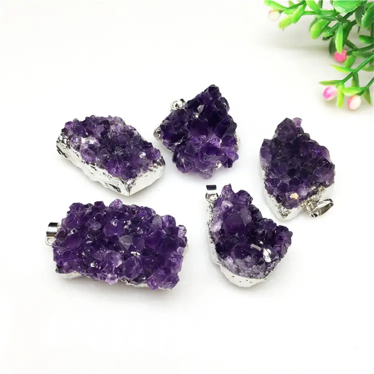 Wholesale Natural Crystal Silver Plating Raw Amethyst Cluster Pendant
