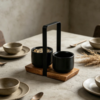 Plateau de service en bois d'acacia et céramique noire avec poignée, idéal pour les noix, les chocolats, les collations et la présentation sur table