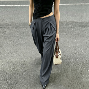 Pantalones de Traje de Pierna Ancha con Rayas Gris Oscuro Estilo Urbano Francés para Mujer, Elegantes y Holgados para la Oficina o el Trabajo Diario - Product Image 3