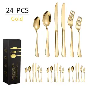 24 buah set alat makan logam emas sampanye gaya modern set pisau garpu sendok baja tahan karat dalam kotak hadiah kemasan