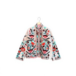 Chaqueta de Algodón Bordada con Flores, Cuello Mandarín, Manga Larga, Hecha a Mano, Estilo Boho Chic, Abrigo de Primavera para Mujer - Product Image 1