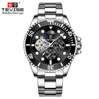 Montre-bracelet mécanique automatique personnalisée pour homme TEVISE T801-002, boîtier en alliage, bracelet en acier inoxydable, phase de lune, montre 24 heures, vente en gros