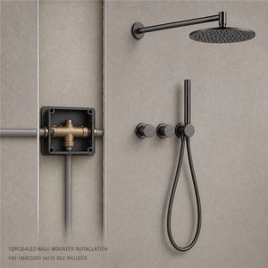 Ensemble de robinetterie de douche encastrée de luxe, fixation murale, pommeau de douche pluie rond, mitigeur en laiton, finition noir mat, pour salle de bain, hôtel, villa, boutons OEM - Product Image 2