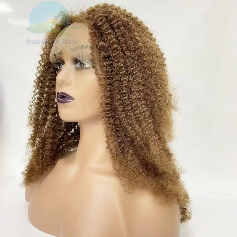 Wig Cokelat Lembut Tanpa Lem Vendor untuk Rambut Manusia Brasil Mentah India Wig Rambut Keriting Warna Coklat Keriting Afro Penuh Renda