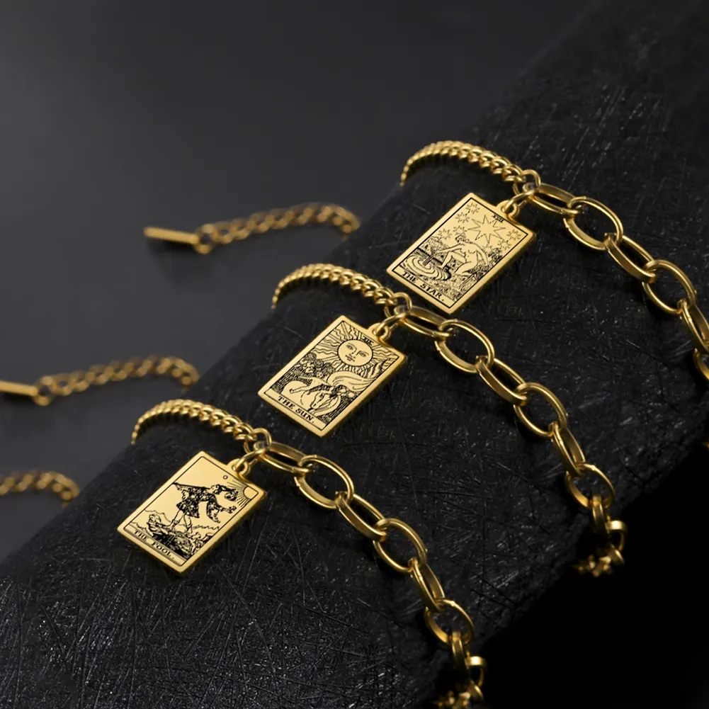 Huilin Jewelry Tarot Cards Pendants Golden Bracelets for Women Stainless Steel The Major Arcana Sun Star Vintage Tarot Jewelry