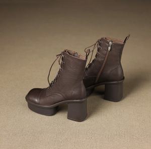 Botas de cuero versátiles, cómodas y a la moda, con plataforma y cordones, de piel de vaca lavada a capas. - Product Image 3