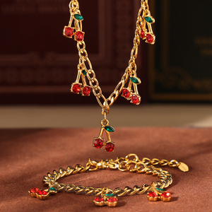 Fashion <b>Cute</b> Popular and Creative Rhinestone Cherry Pendant Charms Necklace <b>Bracelet</b> Personalized Jewelry Sets - Product Image 1