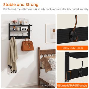 Iron And Wood Wall Mounted <b>Rack</b> With Hooks 3 Tier Floating <b>Shelf</b> Black Coat Key Organizer For Entryway Home Storage - Product Image 4