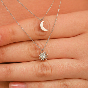 925 Sterling Silver Sun Moon Round Cubic Zirconia Bezel Set Rhodium Plated Pendant Minimalist Women Jewelry Chain <b>Necklace</b> - Product Image 1