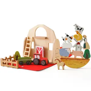 뜨거운 판매 어린이 시뮬레이션 농장 동물 장난감 어린이를위한 기능이 풍부한 나무 헛간 몬테소리 교육 장난감