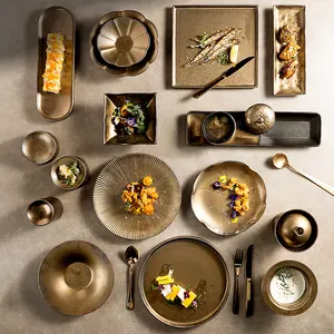 Square Flat Crockery Plate Platter Oblong Porcelain Sushi Dishes Soup Bowl For Dining Hall Bronze Gold Ceramic Dinnerware Set