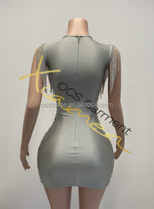 MF Trending Products Club Vestidos Sexy Bodycon Sheer Mesh Lujoso Dia Rhinestone Vestido Mini con borla - Product Image 4