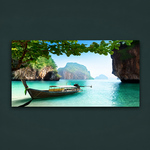 ภาพพิมพ์ลายเรือหางยาวบนเกาะเขตร้อน วิวทะเลสีฟ้าคราม เหมาะสำหรับตกแต่งโรงแรม รีสอร์ท ร้านอาหาร และพื้นที่ภายในสไตล์ชายทะเล - Product Image 4