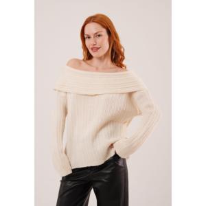 เสื้อไหมพรมครีมออฟเดอะชอลเดอร์ แขนยาวสำหรับผู้หญิง สวมใส่สบาย ไม่เป็นขุย เกรด 12 GG - Product Image 5