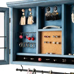 Wholesale rustic wall mounted jewelry cabinet-Cabinet Jewelry Organizer - Wall Mounted Jewelry Holder with Removable Bracelet Rod, Shelf, Earrings Wire Mesh, 32 Hooks
