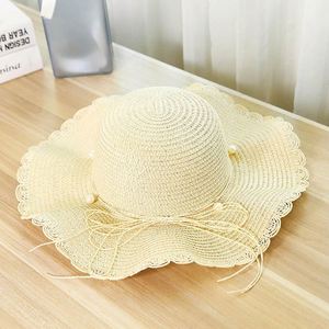 Female Summer Wave Brimmed Pearl Straw Hat <b>Sunscreen</b> Beach Sun Hat for Women Outdoor Sports Travel - Product Image 3