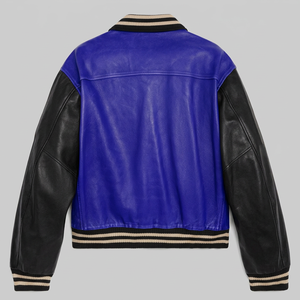 Men's Brown <b>Leather</b> Varsity <b>Jacket</b> With Black Sleeves Turn-down Collar Casual Style Autumn Wear - Product Image 4