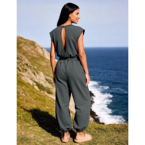 Combinaison décontractée pour femme, col rond, manches courtes, taille haute, pantalon large, tenue une pièce avec poches, printemps été, respirante - Product Image 4