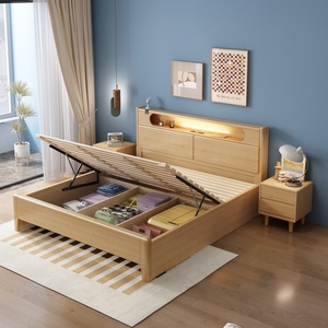 Modern King Size Solid Oak Wood <strong>Bedframe</strong> with Multi-Functional Storage Lighted Headboard Eco-Friendly Design Bedroom Set - Product Image 4