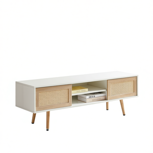 Meuble TV avec finition en rotin, étagère réglable, portes coulissantes doubles, pieds en bois massif, console de salon, meuble de bar à domicile - Product Image 1