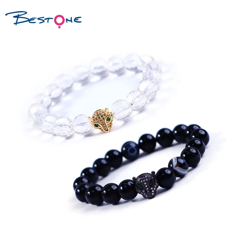 Designer Bracelet White Crystal Round Bead 10mm 14K Gold Wrapped Green Eye Leopard Head Charms Necklace Bracelet