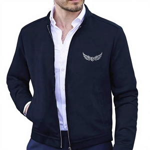 <b>Men's</b> Black <b>Jacket</b> Stand Collar Zipper Front Embroidery Logo <b>Smart</b> Casual Autumn Wear Regular Fit - Product Image 1