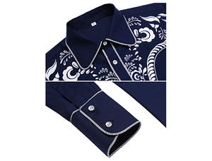 Camisas Bordadas Azul Marino para <span class=keywords><strong>Hombre</strong></span>, Estilo Occidental con Flores Doradas, Atuendo <span class=keywords><strong>Vaquero</strong></span> Americano Mexicano, Camisa Casual - Product Image 5