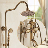 Ensemble de douche de luxe de style européen antique en laiton brossé sculpté avec double poignée en céramique, barre coulissante et robinet de pulvérisation pluie pour salle de bain