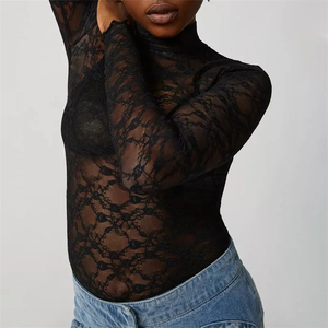 Blusa de Mujer de Manga Larga con Encaje Floral, Cuello Alto, Bordado Transparente, Ajustada, Sexy, Transparente, Estilo Vintage - Product Image 4