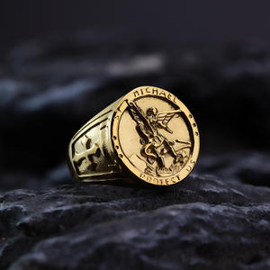 St Michael Angel <b>Ring</b> Stainless Steel Men's Hip Hop Jewelry Gift Round Wings Design Gold And Steel Color - Product Image 3