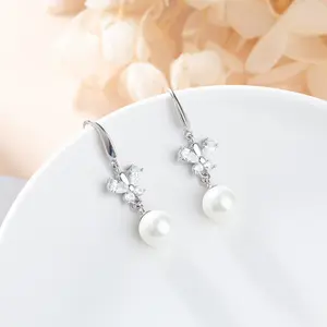 YSYH Fashion 925 Silver Earring Hook Butterfly Design with Shell Pearl and Cubic Zircon Crystal Inlaid Ear Hook for Girl