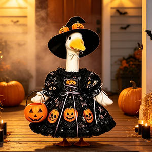 Costume de sorcière pour oie de porche d'Halloween avec imprimé citrouille, vêtements de cosplay pour statue de 23 pouces, décoration de fête de jardin, tenues pour oie de porche - Product Image 1