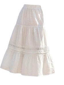 Women's <b>Elastic</b> Waist Linen A-Line Midi Skirt With <b>Lace</b> Trim Prairie Chic Style Solid Color Breathable Woven Fabric - Product Image 1