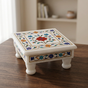 Mandir Floral Rectangular Decorativo de Mármol Blanco Ecológico Hecho a Mano con Incrustaciones Art Deco para Diwali, con Soporte de Suelo para Mesa de Puja - Product Image 3