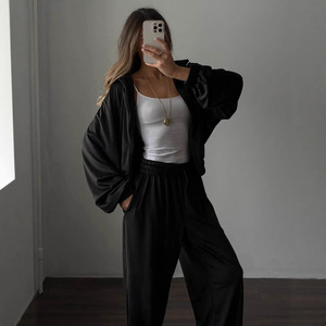 <b>Women's</b> Casual <b>Suit</b> Set Solid Color Long Sleeve Zip up Cardigan Sweatpants Two Piece Smlxl Cross-Border Europe America Style - Product Image 5
