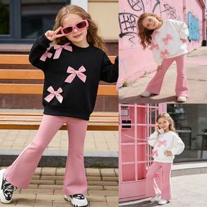 Completo Autunnale per Bambini Stile Europeo: <span class=keywords><strong>Felpa</strong></span> a Maniche Lunghe con Fiocco + Pantaloni a Zampa Tinta Unita, Set Due Pezzi per Bambina 6 Anni - Product Image 2