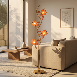 Magnifique lampadaire en forme de fleur de lotus, avec tige en métal doré en forme de S, abat-jour en verre, lumière décorative pour l'intérieur de la villa - Product Image 4