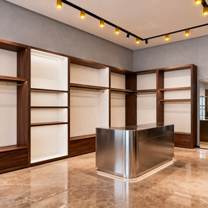 <span class=keywords><strong>Porte</strong></span>-vêtements mural en <span class=keywords><strong>bois</strong></span> grainé avec cadre doré, présentoir de vêtements avec rangement, stand de présentation pour magasin de détail commercial, présentoir métallique pour boutique - Product Image 5