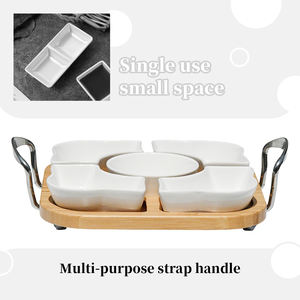 Plateau de service en bambou Plats de service à dessert Plateau à collation 5 assiettes amovibles en porcelaine blanche avec plateau en bambou - Product Image 4