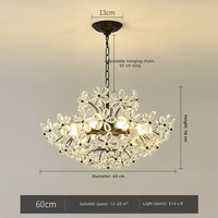 Lustre en cristal de luxe vintage français, style moderne du milieu du siècle, en fer noir, avec éclairage LED, angle de faisceau de 360° pour salon