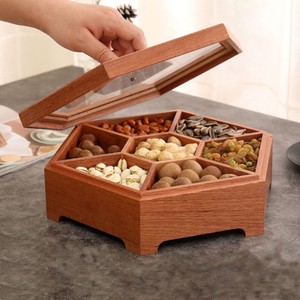 Caja de madera para frutos secos, contenedor de almacenamiento de nueces con múltiples compartimentos para el hogar, sala de estar, uso en escritorio, rectangular hecho a mano, 9,5 cm de alto - Product Image 1